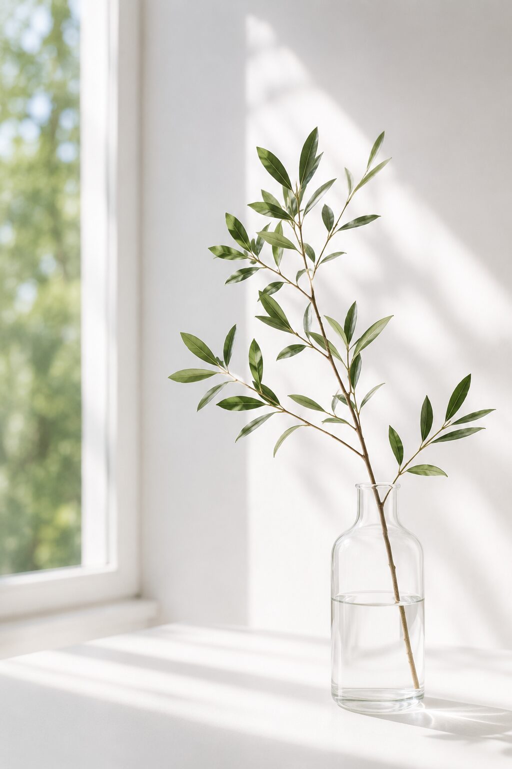A single olive branch resting in a glass vase, lit by soft window light