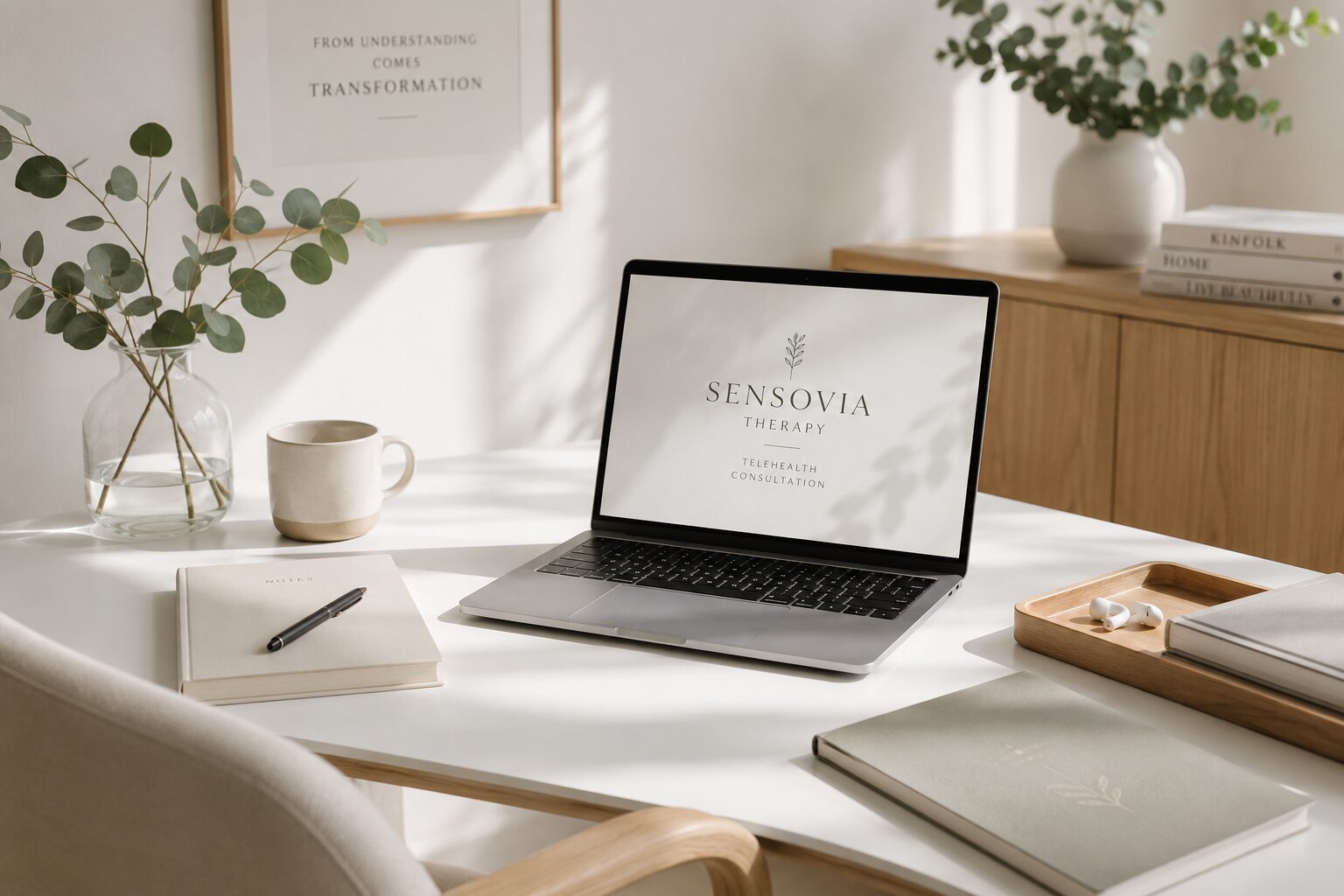 A laptop displaying the SensoVia Therapy telehealth consultation screen on a sunlit desk