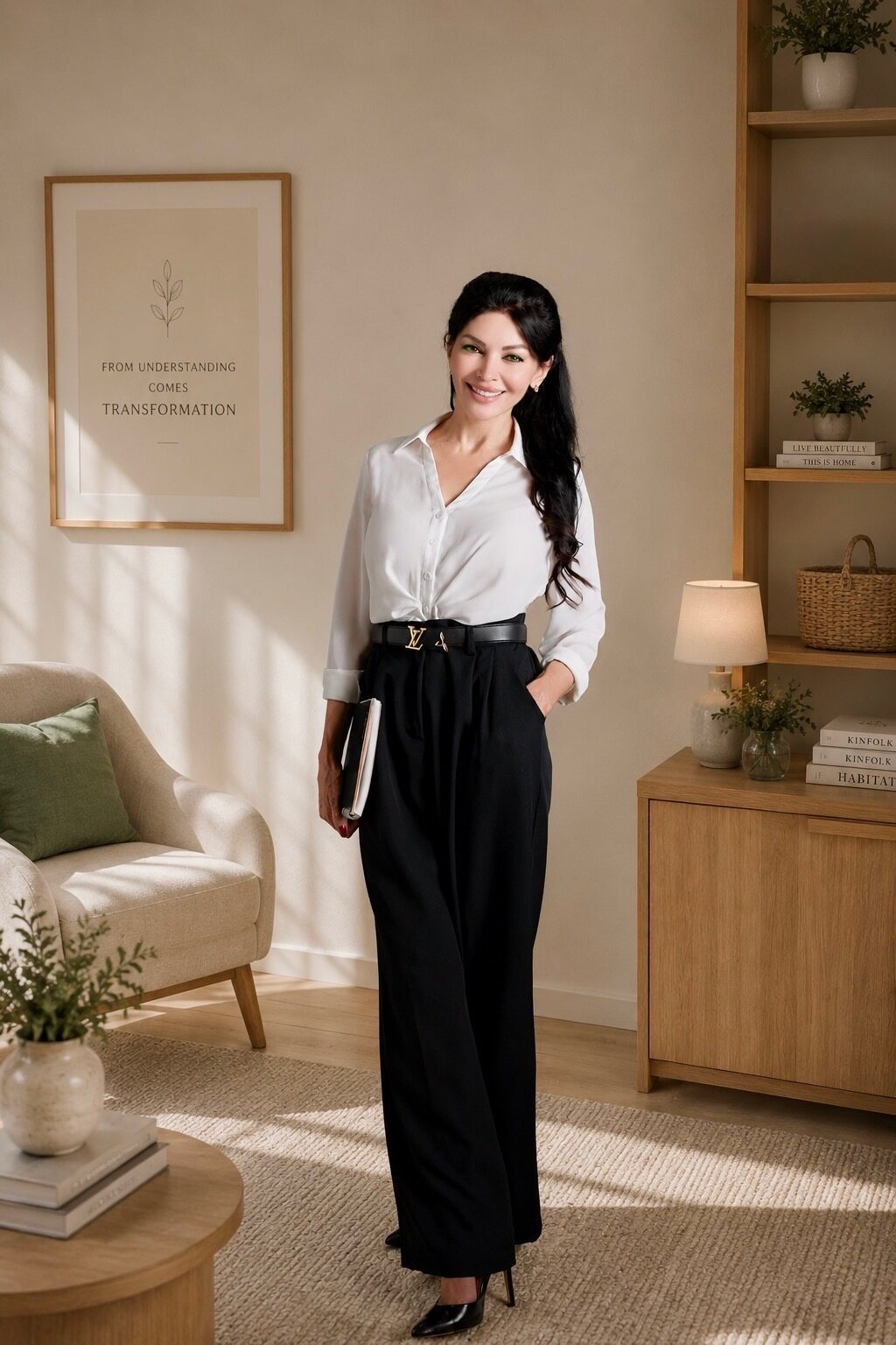 Elena, founder of SensoVia Therapy, standing confidently in a warm, sunlit room beneath the words 'From Understanding Comes Transformation'