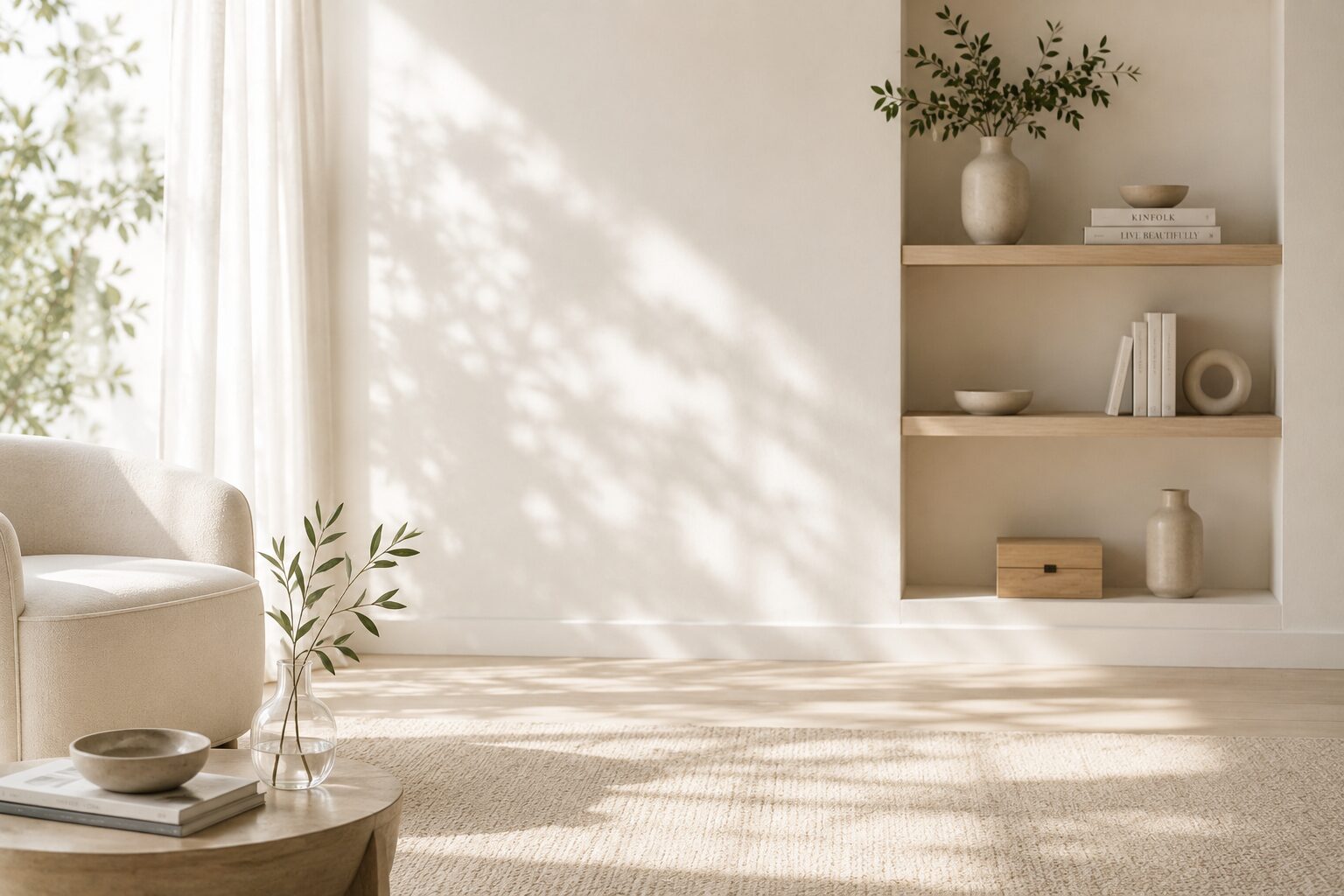 A bright, light-filled living room with an armchair, soft natural sunlight, and quiet, minimal decor — the full room visible