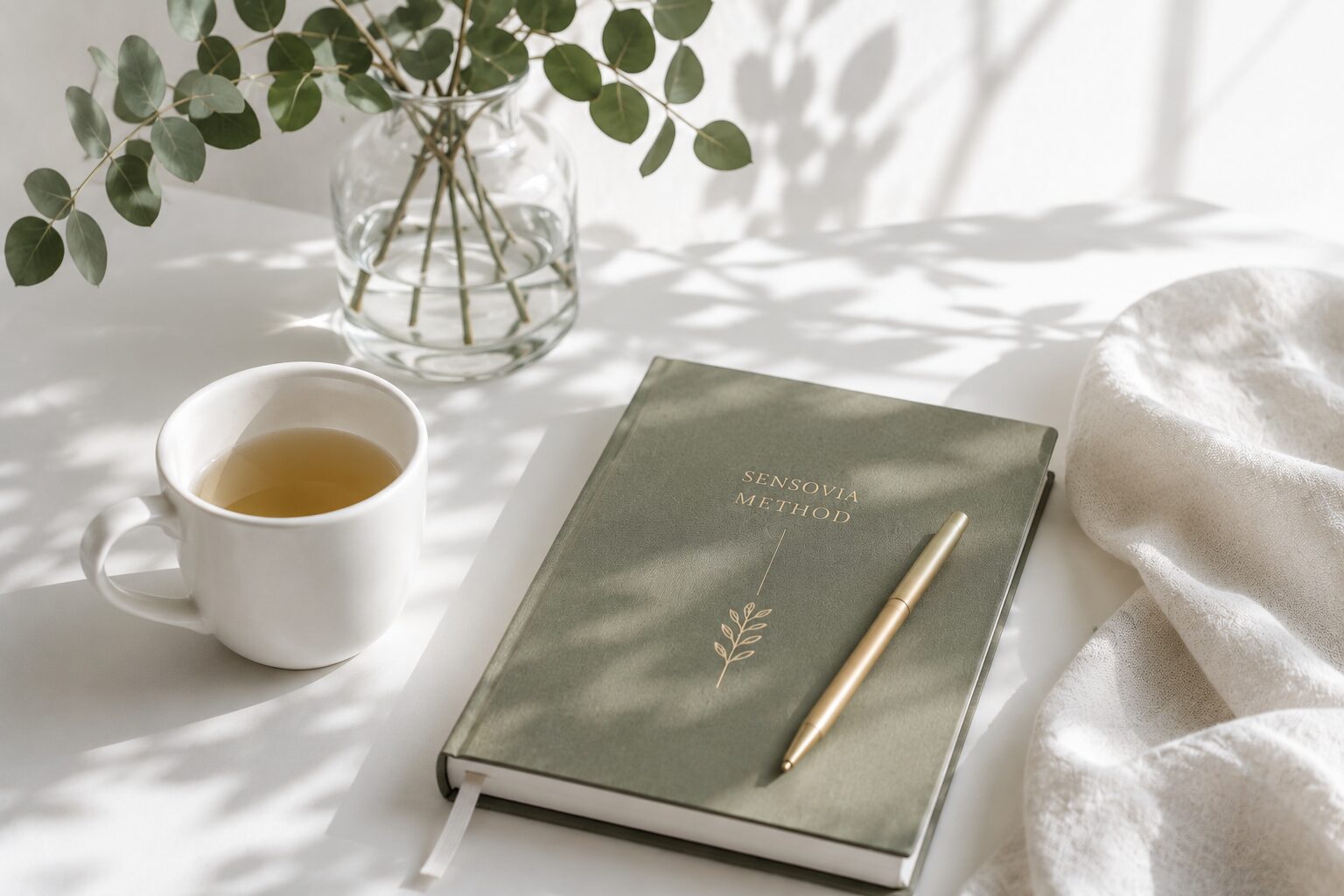 A journal embossed with 'SensoVia Method' beside a cup of tea