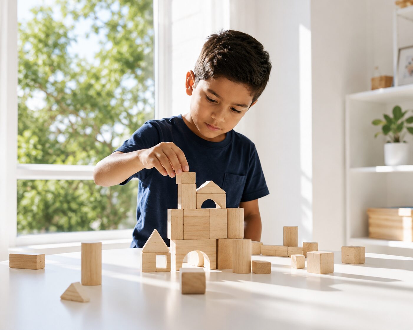 A young boy concentrating as he builds a structure from wooden blocks