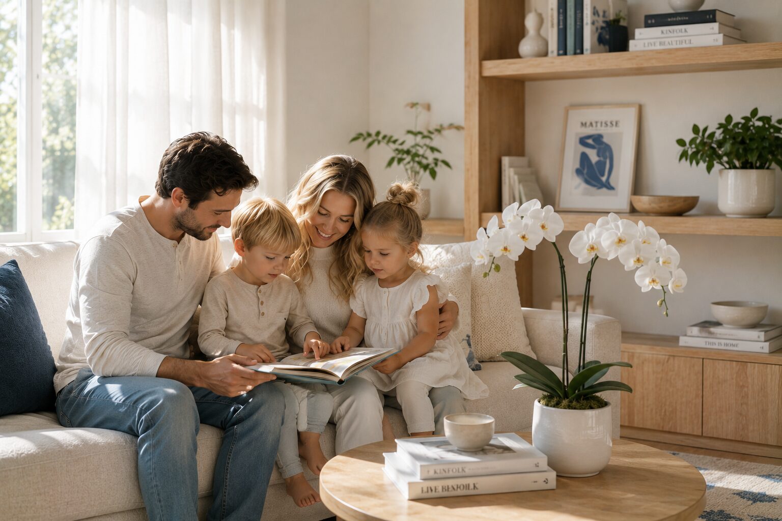 A family — mother, father, and two children — sitting together on the couch, reading a book and connecting warmly at home