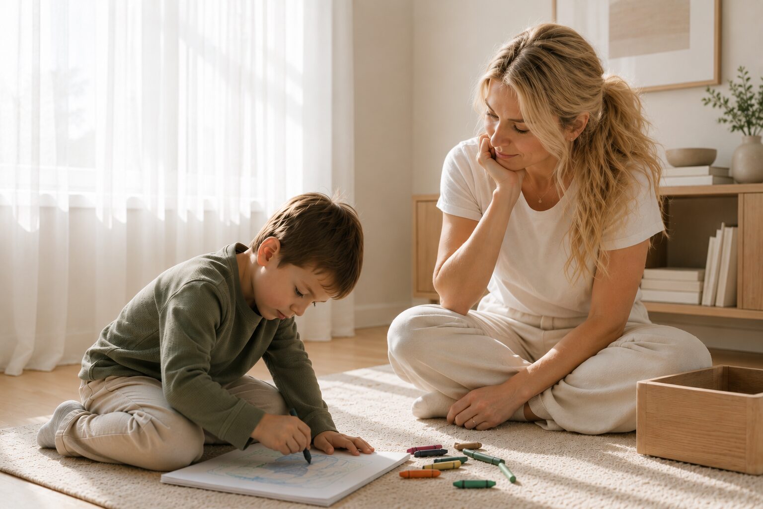 A mother sitting on the floor, thoughtfully watching her son draw with crayons