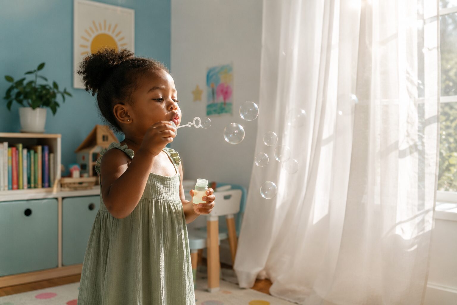 A young girl joyfully blowing bubbles in a sunlit playroom, the full scene visible