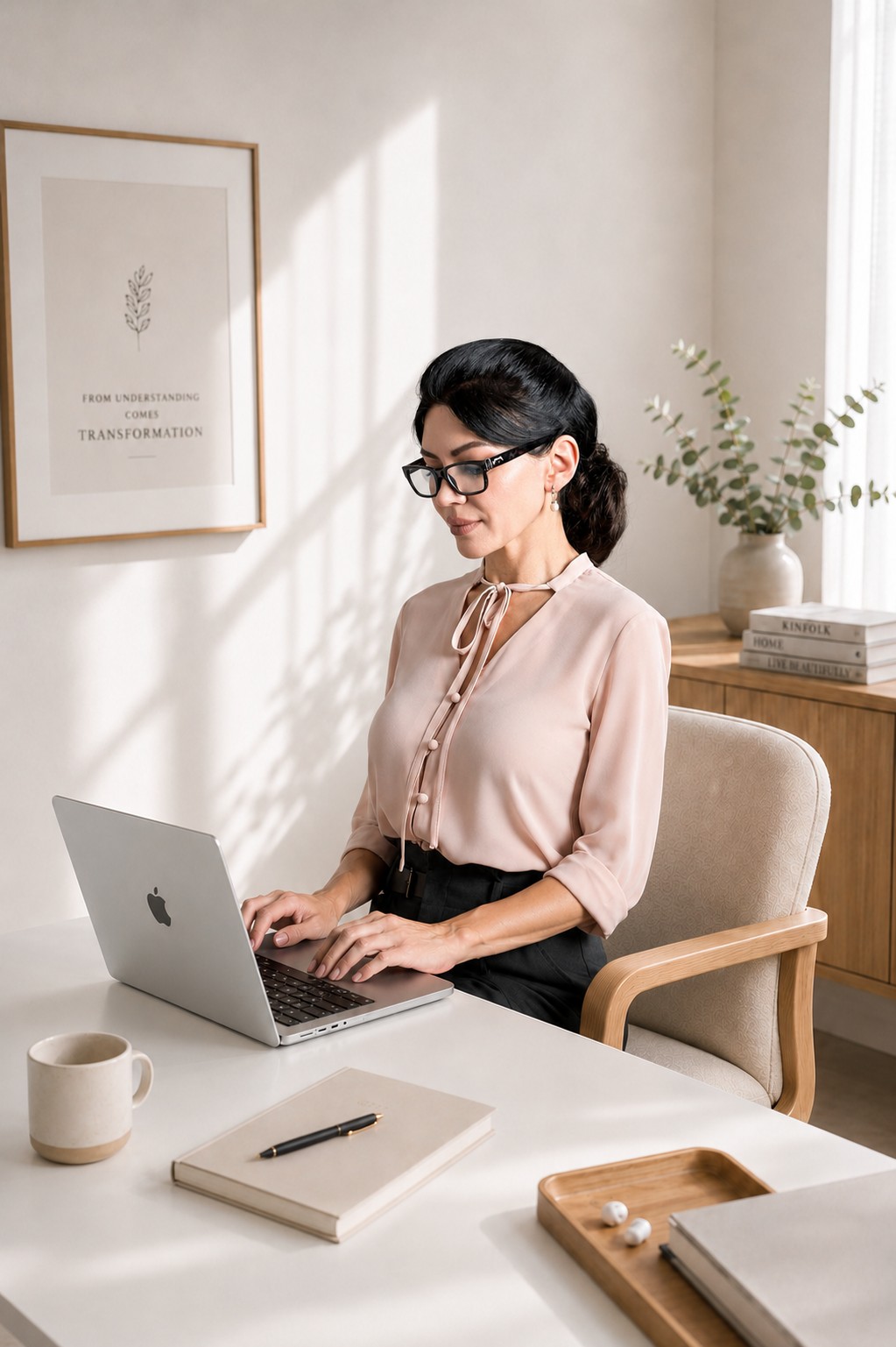 Elena working at her laptop at a sunlit desk, a notebook and pen beside her and a framed print reading 'From understanding comes transformation' on the wall behind