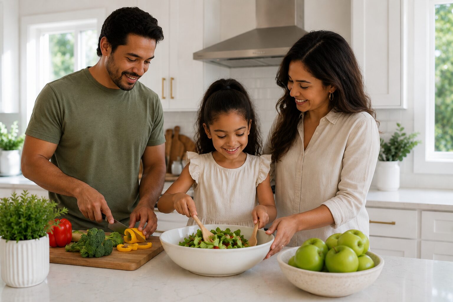 A family preparing a meal together in the kitchen, laughing and collaborating