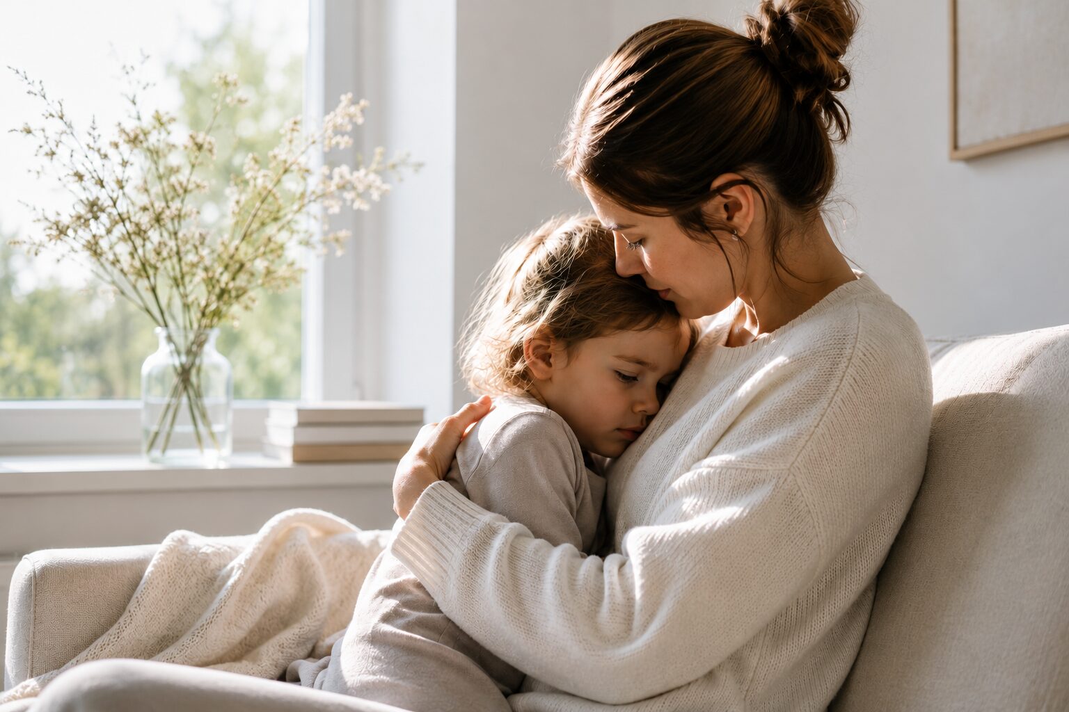 A mother gently embracing her young daughter in a warm, sunlit living room