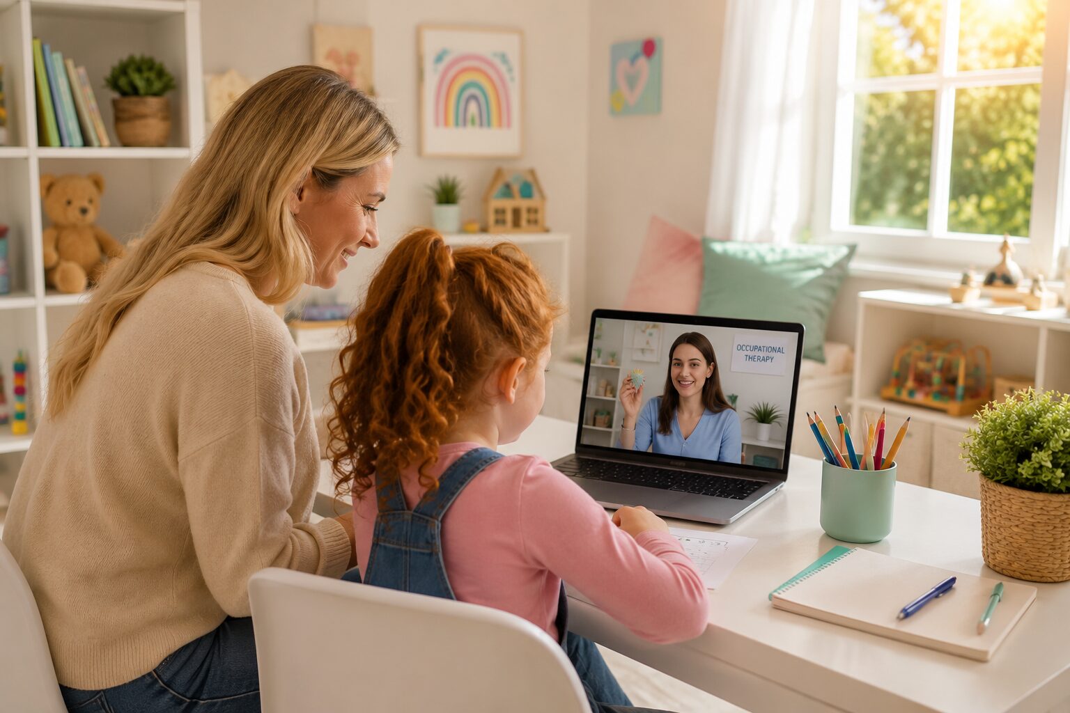 A mother and daughter participating in a telehealth occupational therapy session with their therapist on the laptop screen