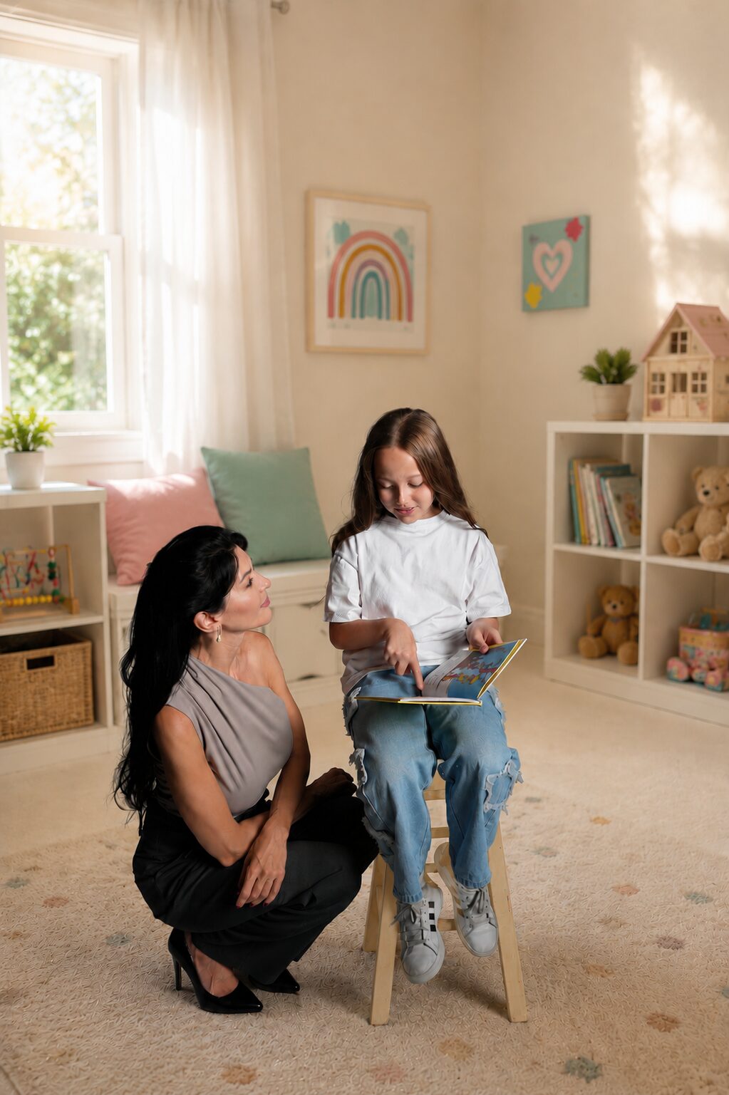 Elena kneeling beside a young girl seated on a stool, reading a book together