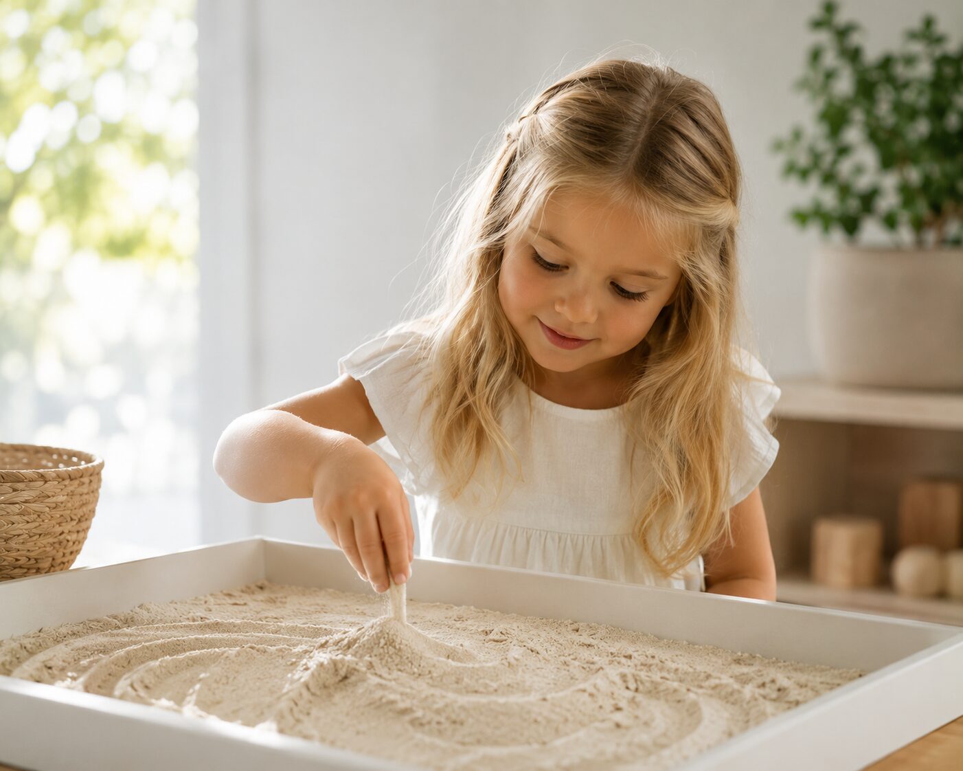 A young girl curiously exploring a sensory tray filled with sand