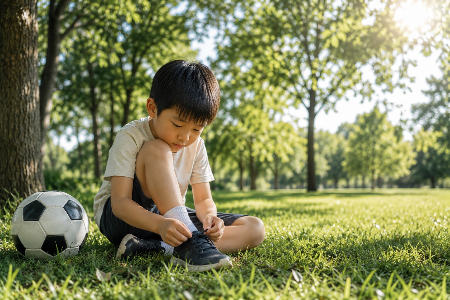 A young boy sitting in the grass, focused on tying his own shoe